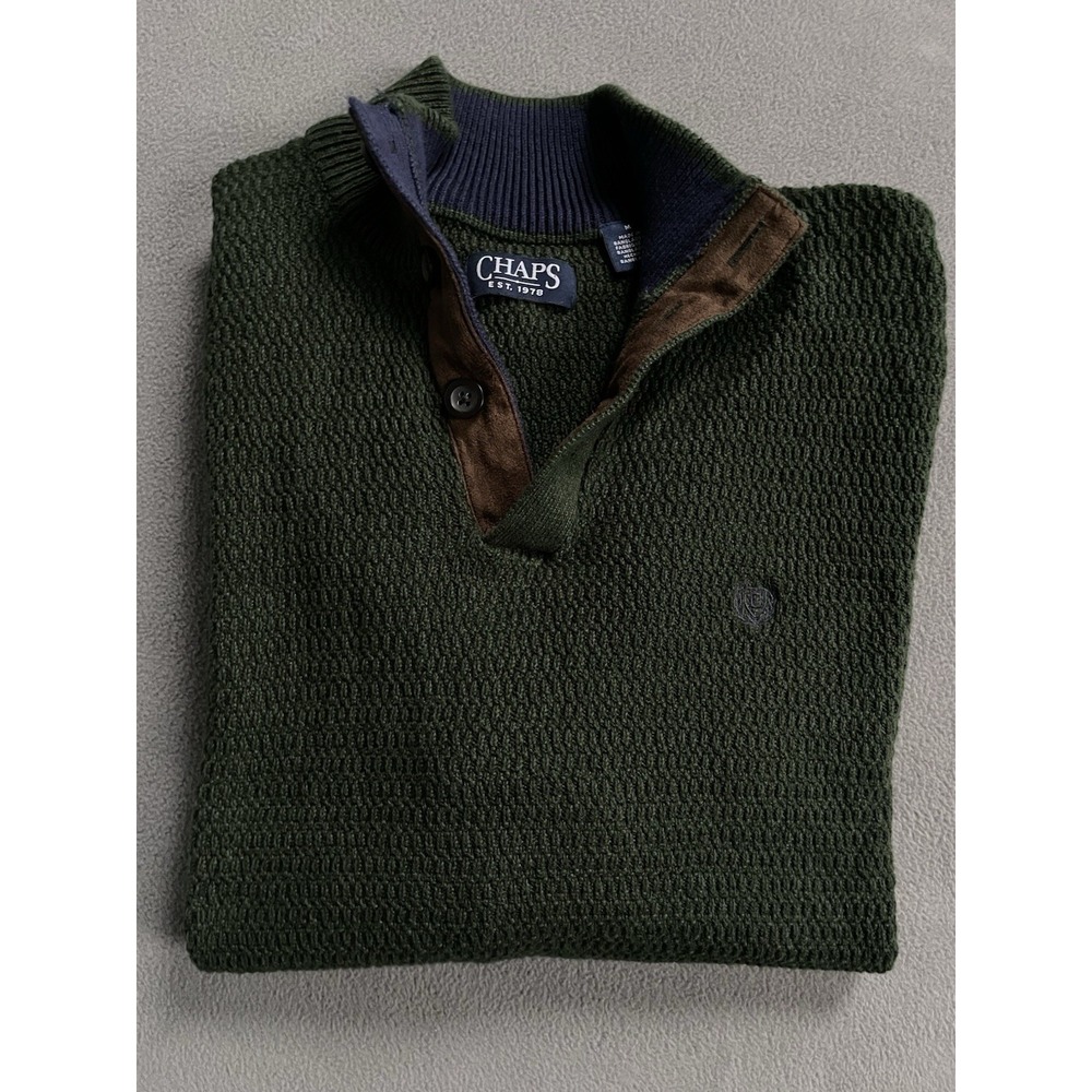M Chaps 1/4 Button Placket Sweater 100% Cotton Mens Sz Sueded Elbow Patch Ribbed